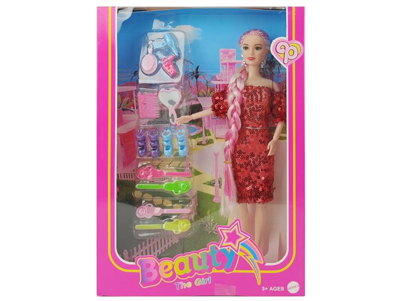 11寸实身九关节长辫芭比娃娃加梳妆工具